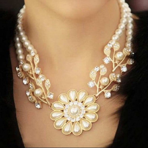 Simulated Pearl Chain Rhinestone Necklace